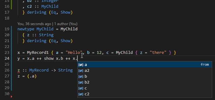 What record completions looks like in VSCode